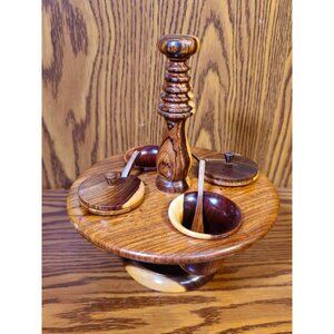 Vintage Handcrafted Wooden Condiment Server With Individual Lidded Bowls & Spoon